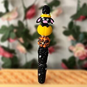 Halloween Bull Peeking Out of Pumpkin Rhinestone Ghost Handmade Beaded Pen